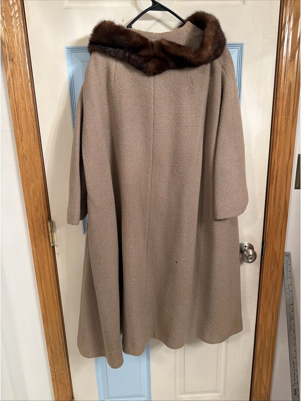 Vintage 50s 60s Tweed Wool Beaver Fur Collar Swing Coat XL Tan Silk Lined Retro - Picture 11 of 12